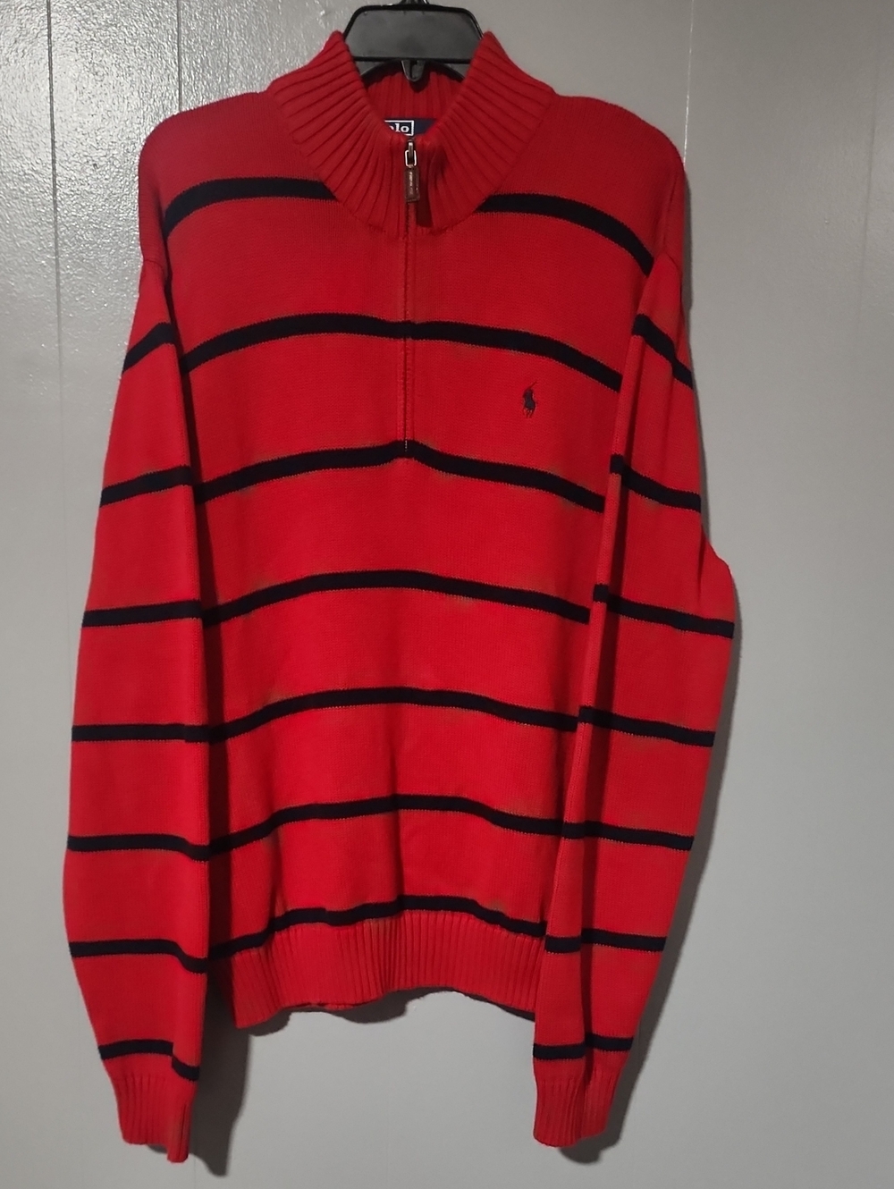 Polo by Ralph Lauren Red and Black Striped Quarter-Zip Sweater